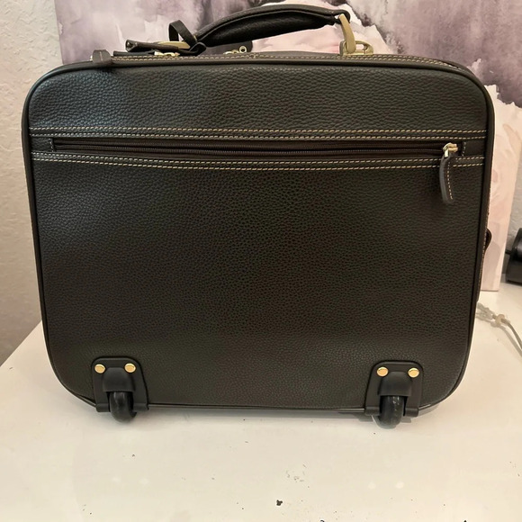 ! Brooks Brothers Genuine Pebbled Leather Trolley Travel Bag Brown And G… - Picture 6 of 11